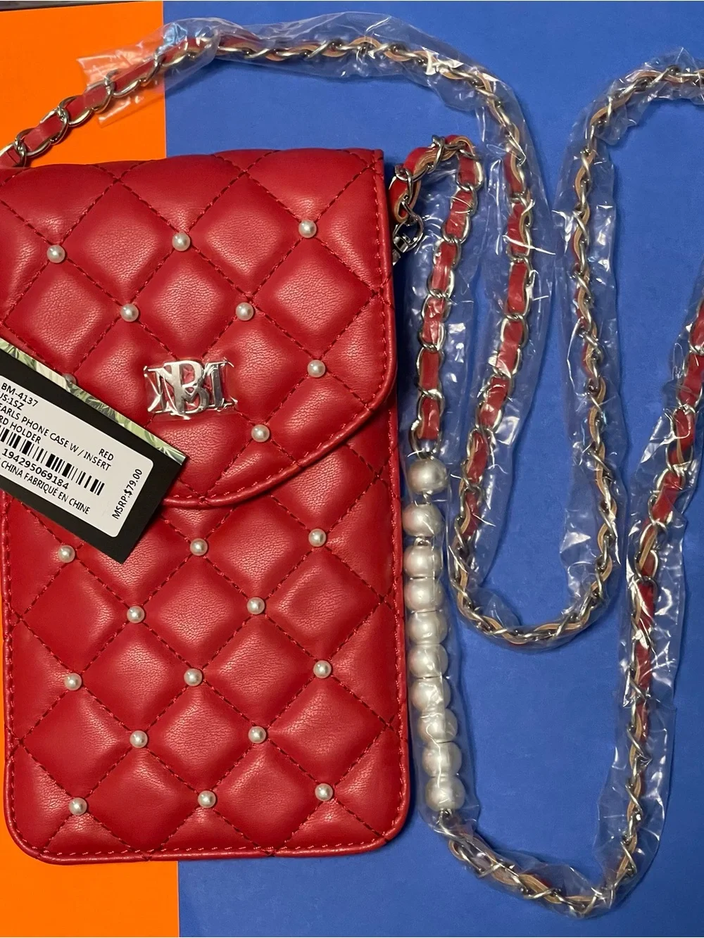 Badgley Mischka Red Quilted Crossbody Phone Bag with Pearl Studs